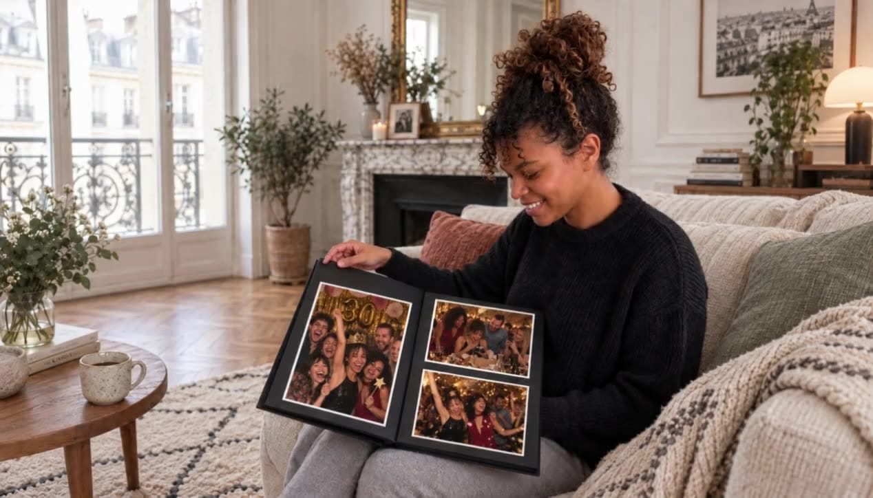 Agathe feuillette le livre photo de ses 30 ans